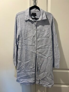 Tahari Blue and White Pinstripe Long Sleeve Shirtdress